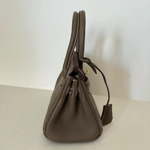 *NO STRAP | Taupe Mini 20 Leather Top Handle w/ Gold Structured Satchel Bag C3 - Picture 10 of 17